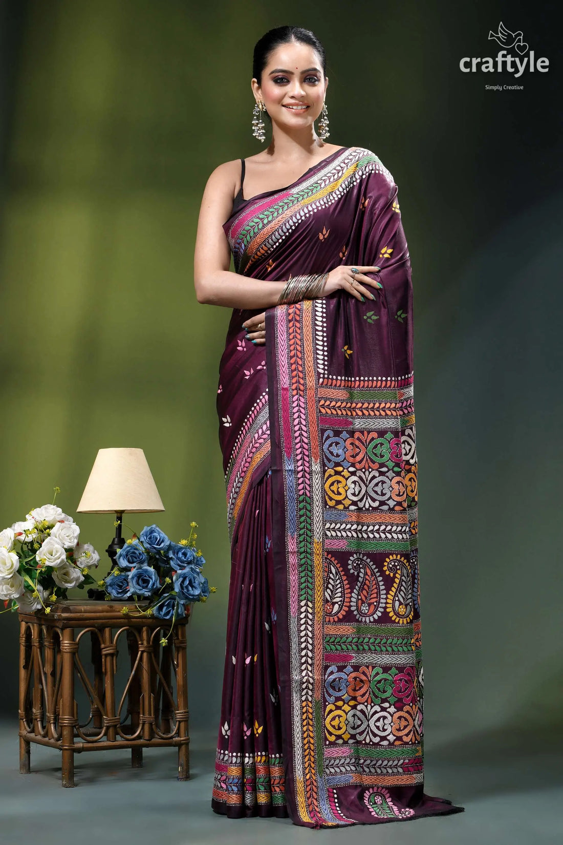 Multi-thread work handcrafted kantha silk saree in mulberry wood maroon silk saree intricate multicolored 1