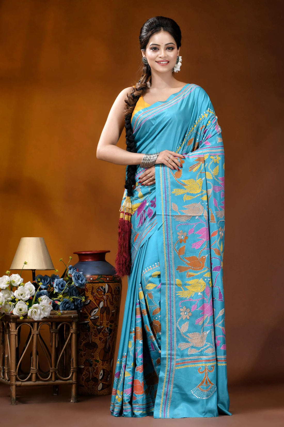 Multicolor bird design hand embroidered turquoise blue silk kantha saree vibrant turquoise silk saree adorned 1