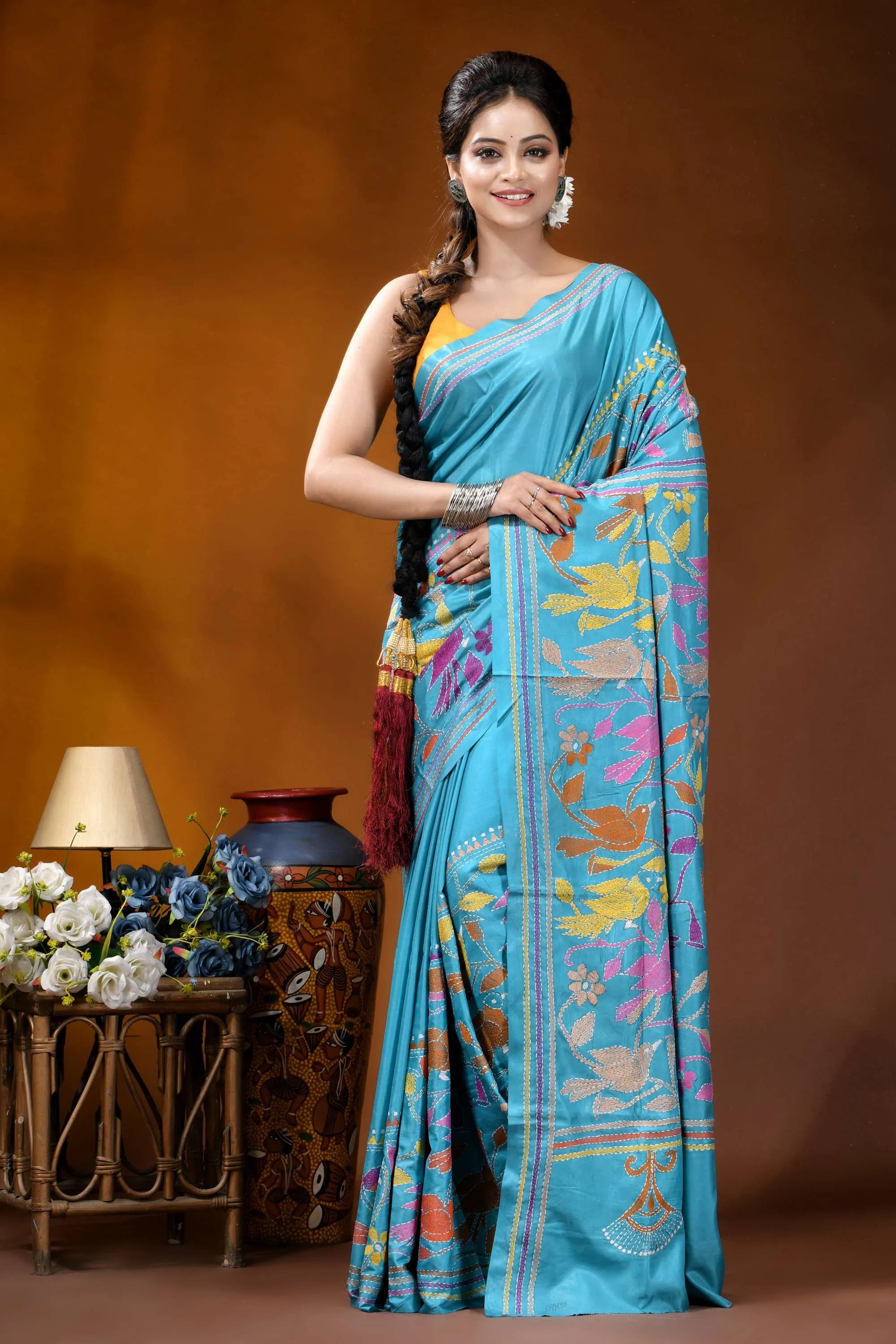 Multicolor bird design hand embroidered turquoise blue silk kantha saree vibrant turquoise silk saree adorned 1