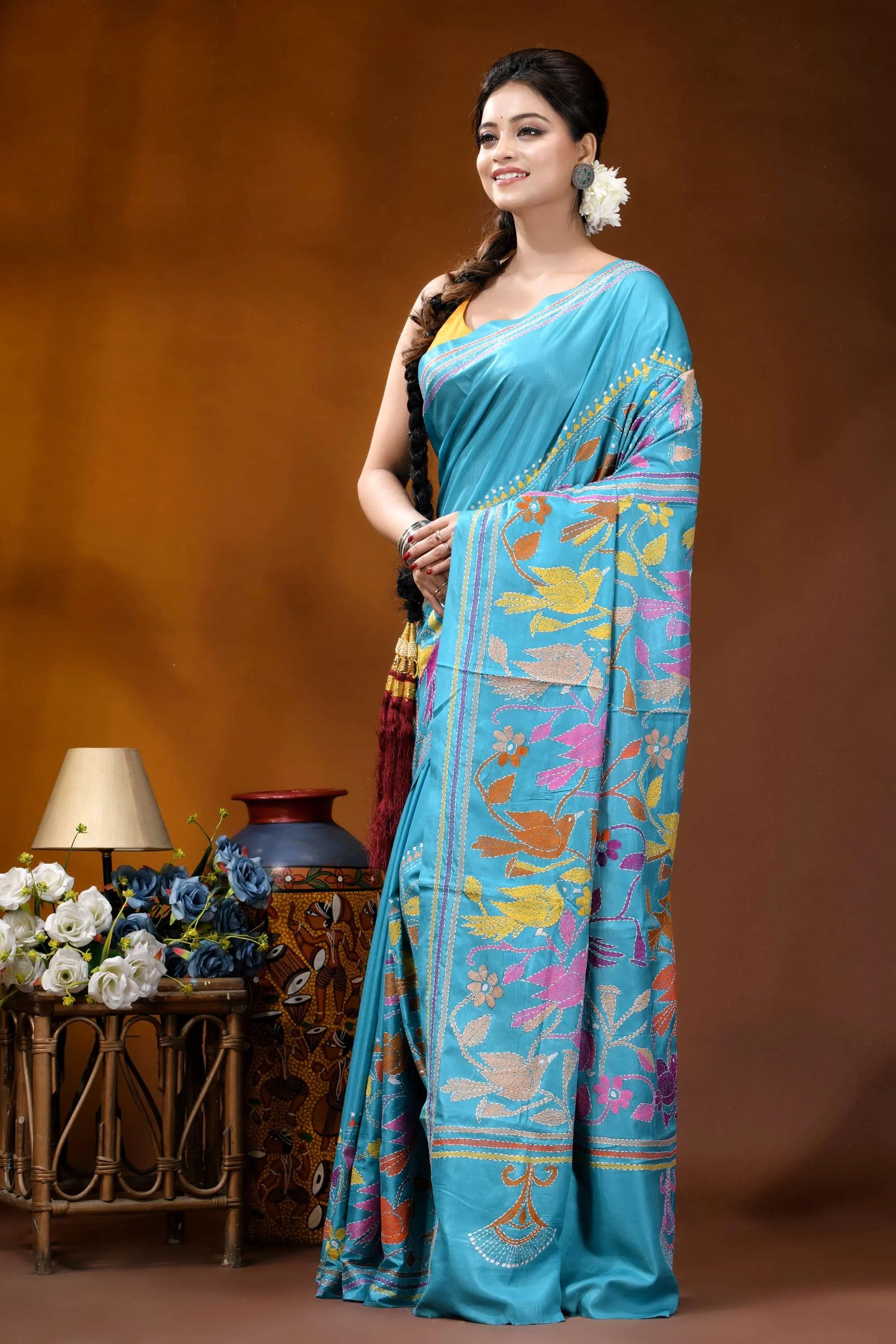 Multicolor bird design hand embroidered turquoise blue silk kantha saree vibrant turquoise silk saree adorned 3