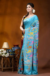 Multicolor bird design hand embroidered turquoise blue silk kantha saree vibrant turquoise silk saree adorned 3