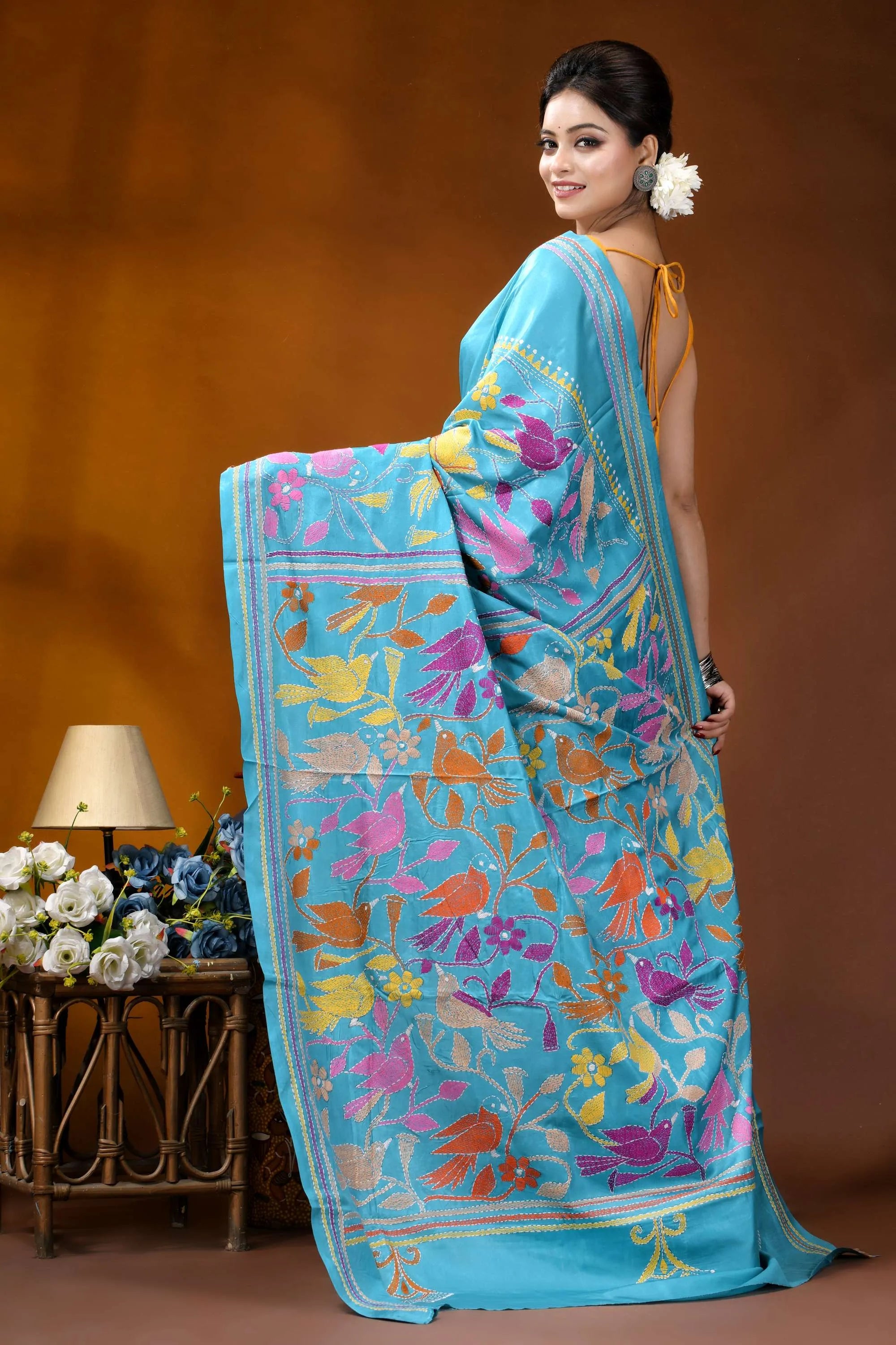 Multicolor bird design hand embroidered turquoise blue silk kantha saree vibrant turquoise silk saree adorned 5
