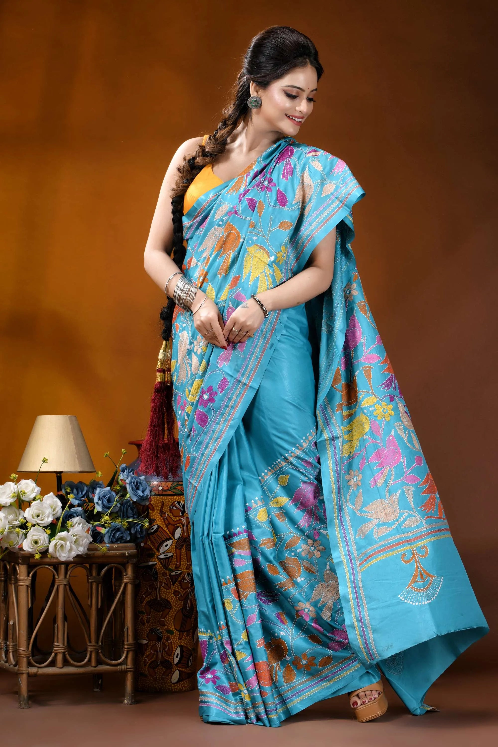 Multicolor bird design hand embroidered turquoise blue silk kantha saree vibrant turquoise silk saree adorned 4