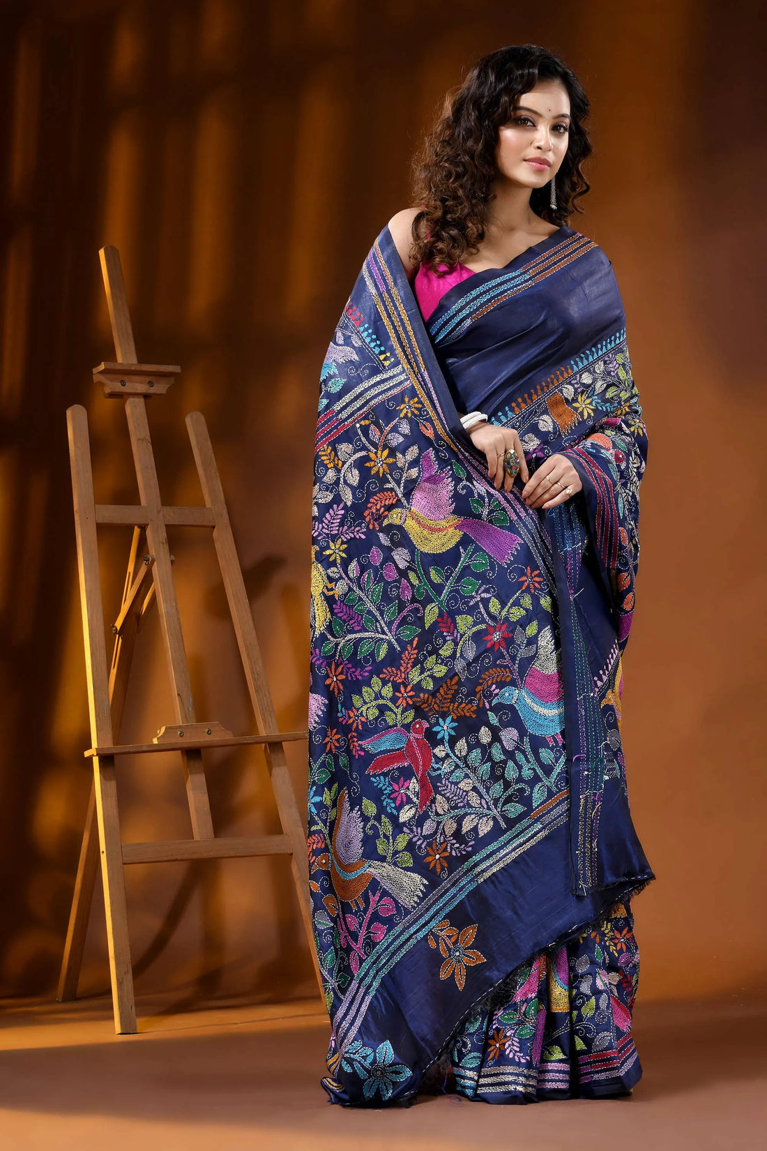 Multicolor bird motif handmade silk kantha stitch saree in navy blue 2