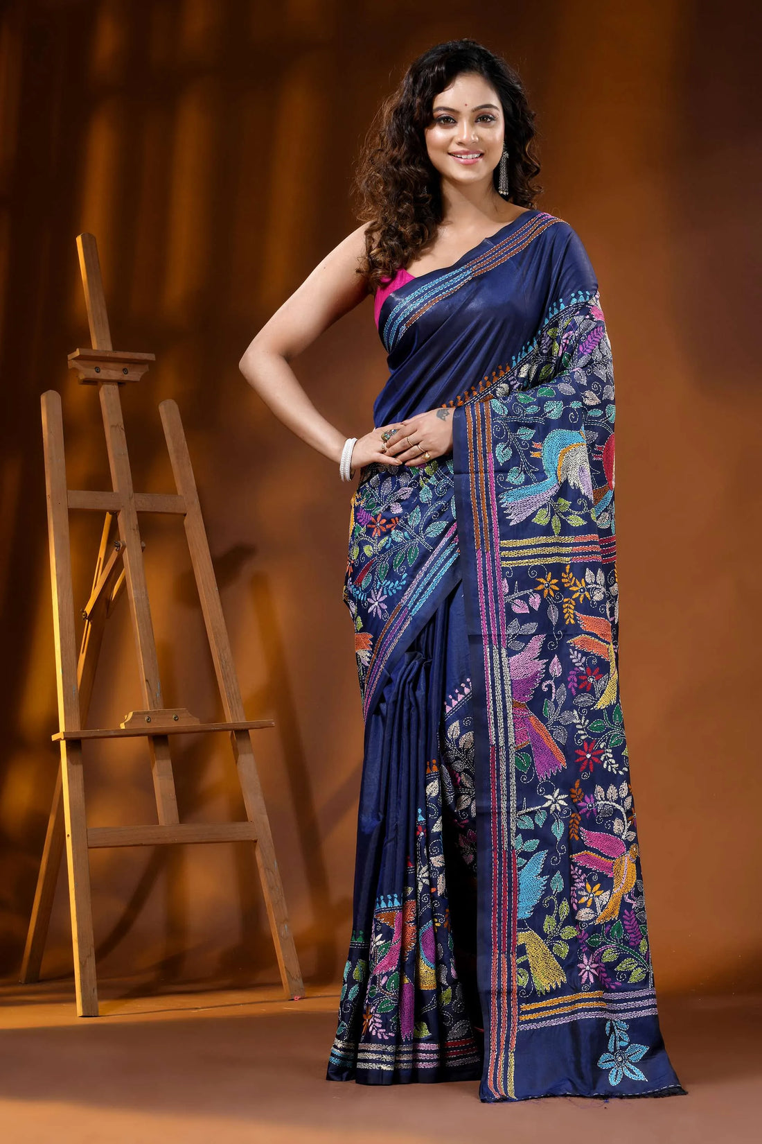 Multicolor bird motif handmade silk kantha stitch saree in navy blue 1