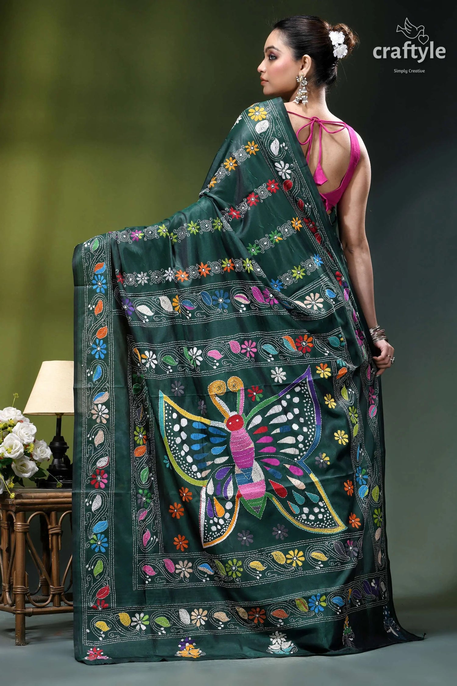 Multicolor butterfly design gable green silk kantha work saree deep green silk saree adorned 6