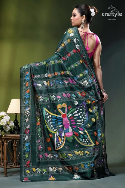 Multicolor butterfly design gable green silk kantha work saree deep green silk saree adorned 6