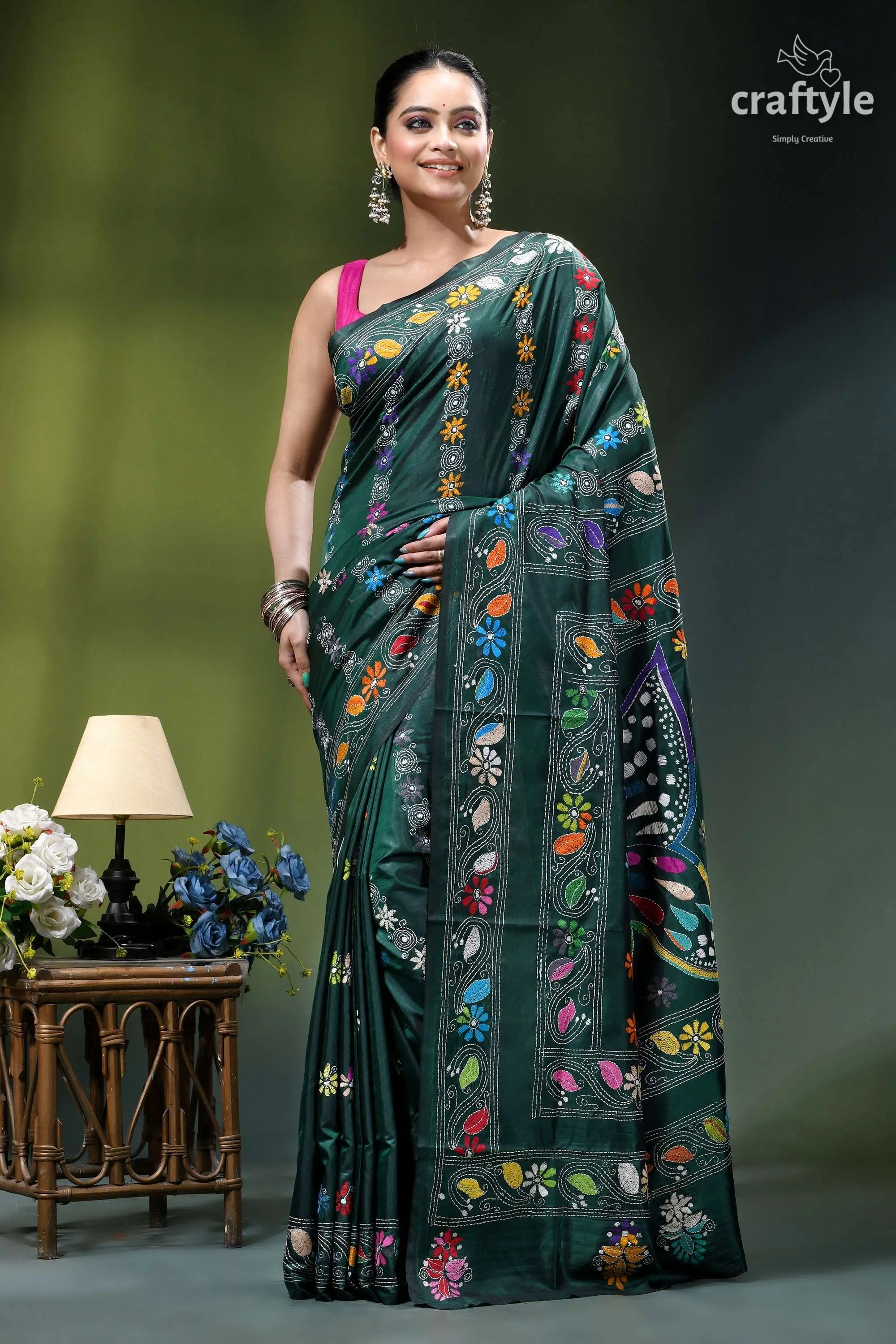 Multicolor butterfly design gable green silk kantha work saree emerald green silk saree adorned 7