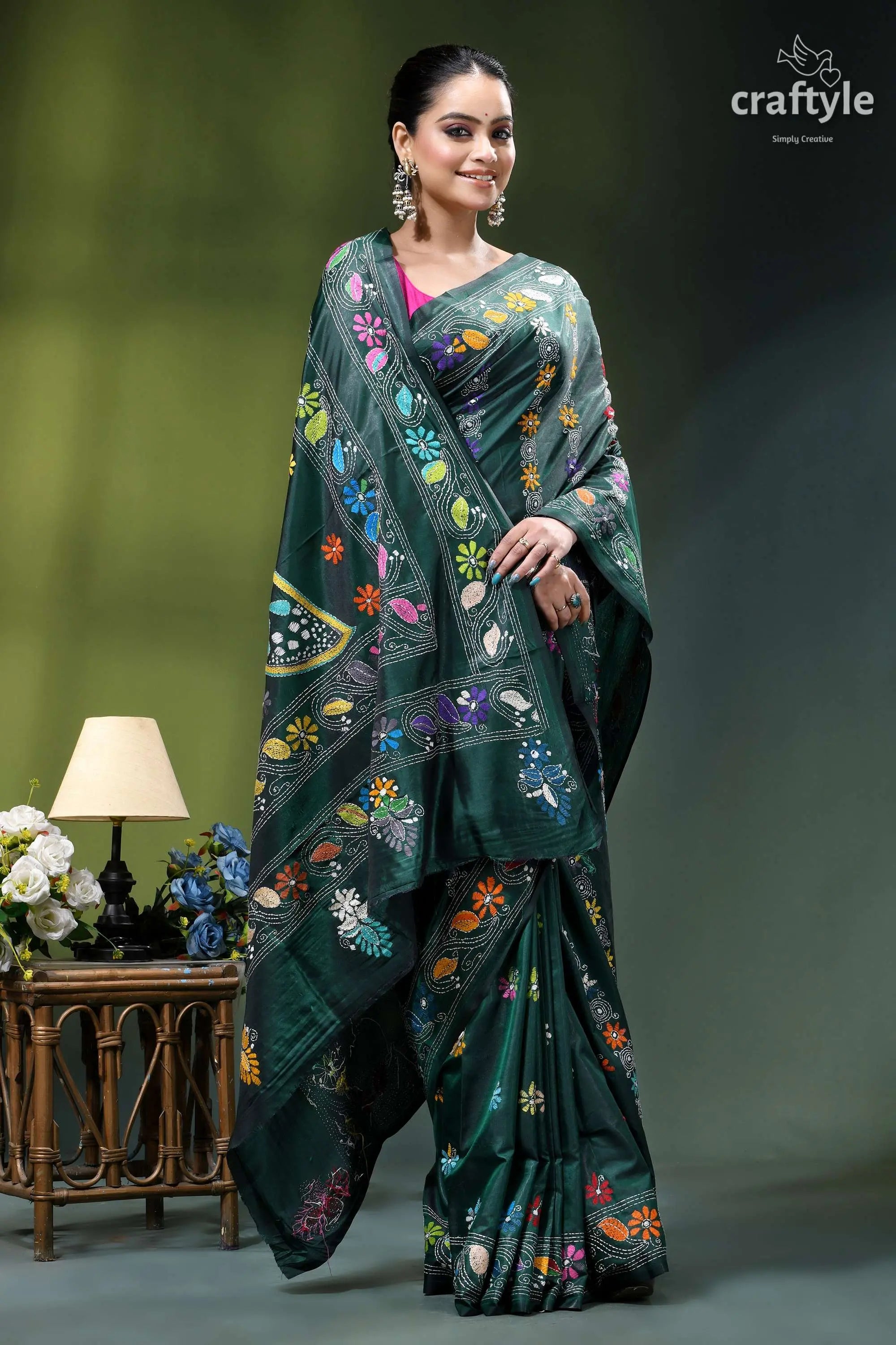 Multicolor butterfly design gable green silk kantha work saree emerald green silk saree adorned 5
