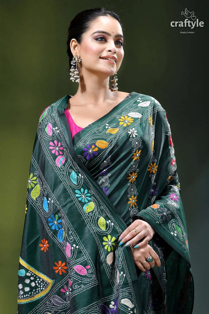 Multicolor butterfly design gable green silk kantha work saree emerald green silk saree adorned 2