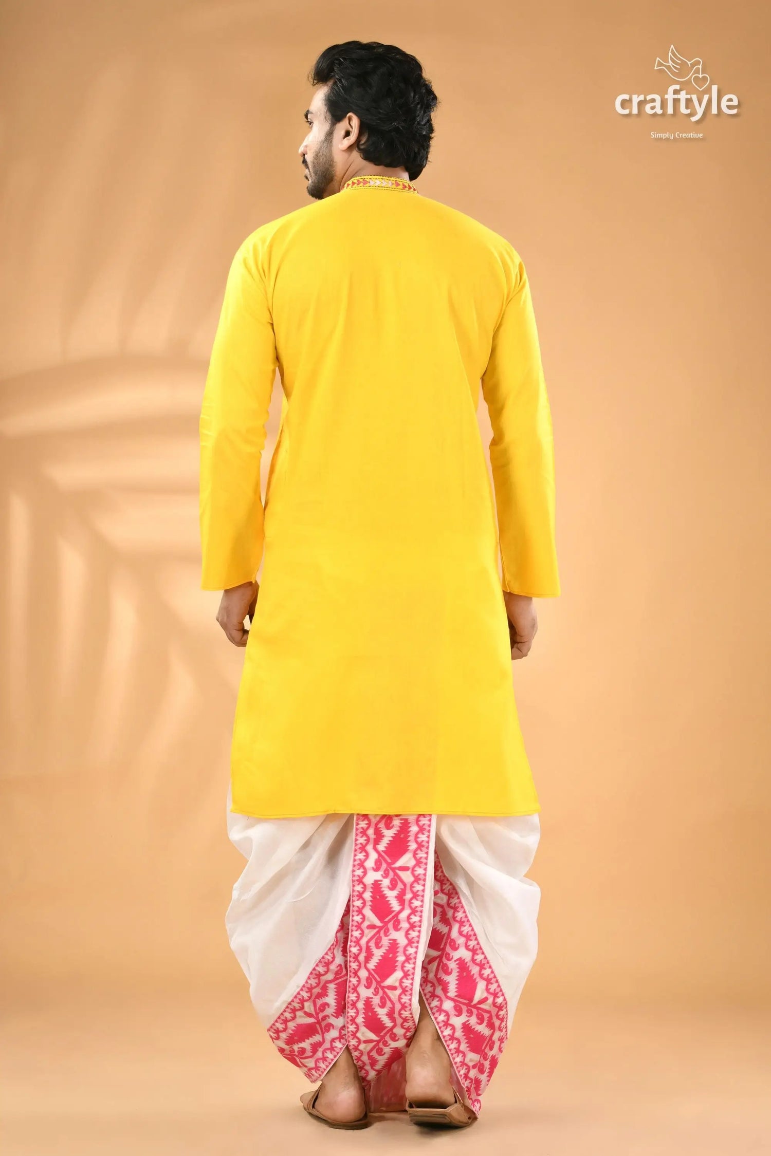 Multicolor design lemon yellow kantha stitched cotton men’s kurta men’s yellow kurta white pink 6