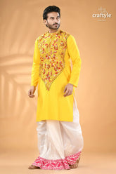 Multicolor design lemon yellow kantha stitched cotton men’s kurta man’s yellow kurta elaborate embroidery 4