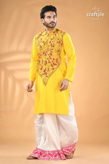 Multicolor design lemon yellow kantha stitched cotton men’s kurta man’s yellow kurta elaborate embroidery 4