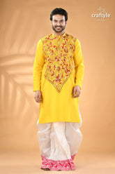 Multicolor design lemon yellow kantha stitched cotton men’s kurta embroidered white pink 5