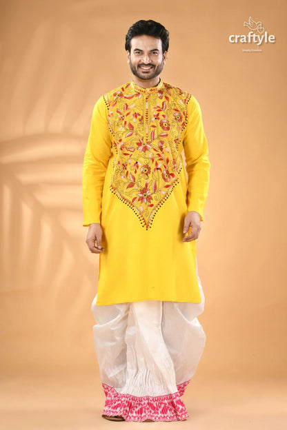 Multicolor design lemon yellow kantha stitched cotton men’s kurta embroidered white pink 5