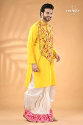 Multicolor design lemon yellow kantha stitched cotton men’s kurta men’s yellow embroidered kurta white 3