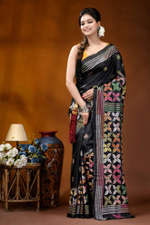 Multicolor ethnic design silk kantha stitch saree in black black silk saree intricate multicolored 6