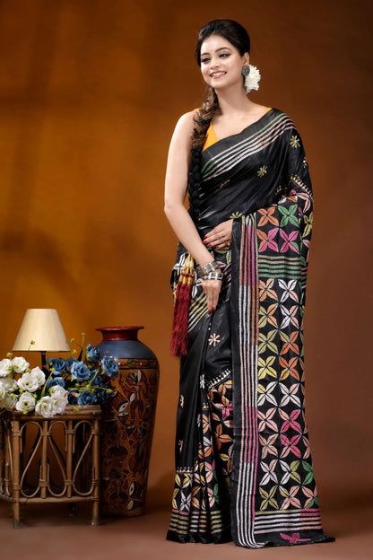 Multicolor ethnic design silk kantha stitch saree in black black silk saree intricate multicolored 6