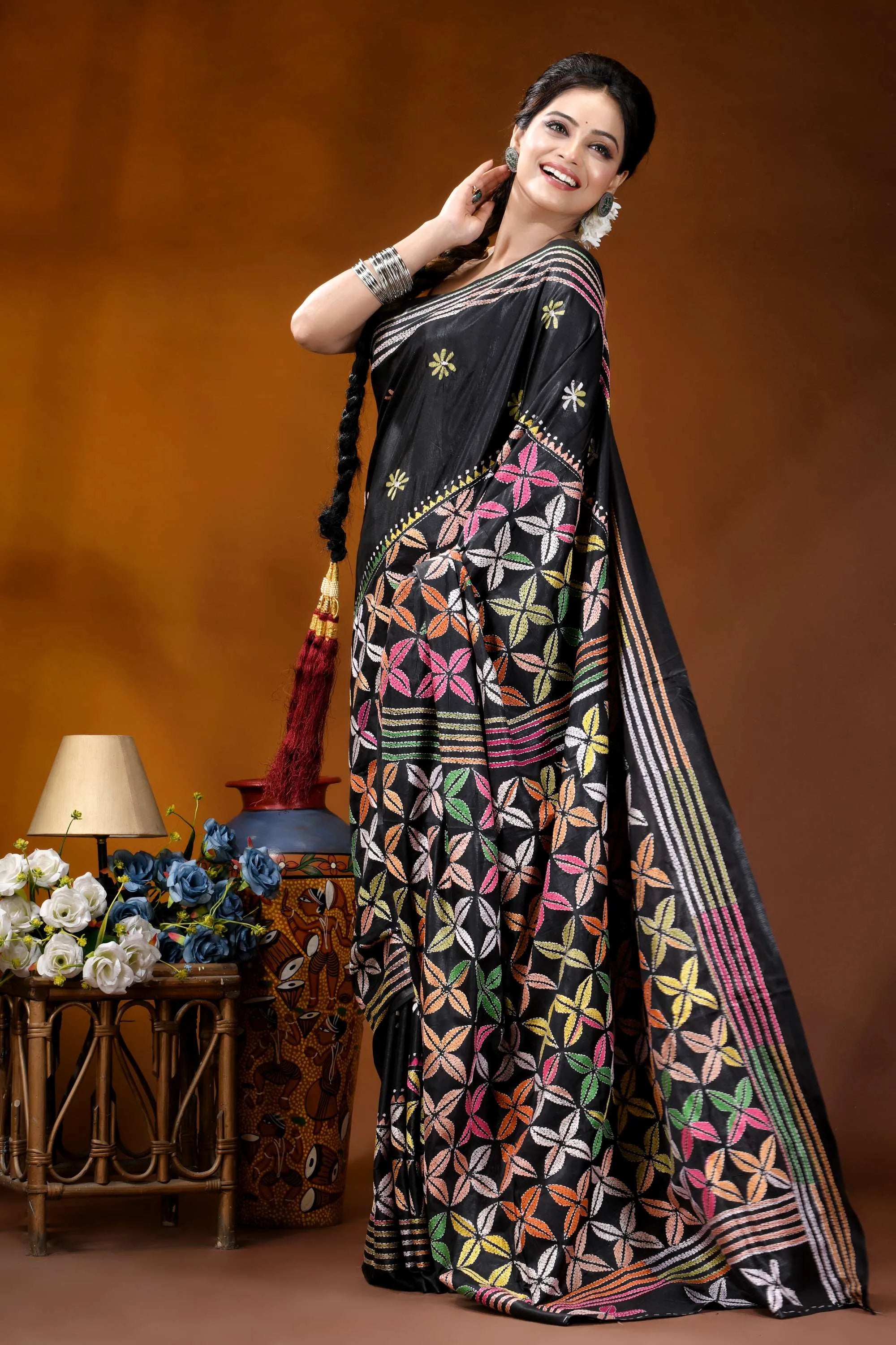Multicolor ethnic design silk kantha stitch saree in black black silk saree vibrant multicolored 4