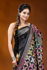 Multicolor ethnic design silk kantha stitch saree in black black silk saree vibrant multicolored 2