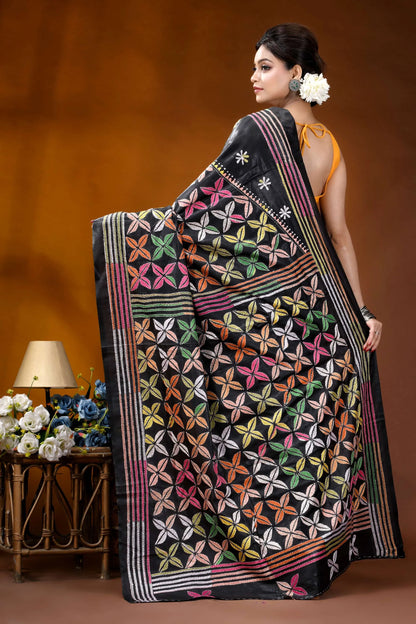 Multicolor ethnic design silk kantha stitch saree in black black banarasi saree intricate multicolored 5