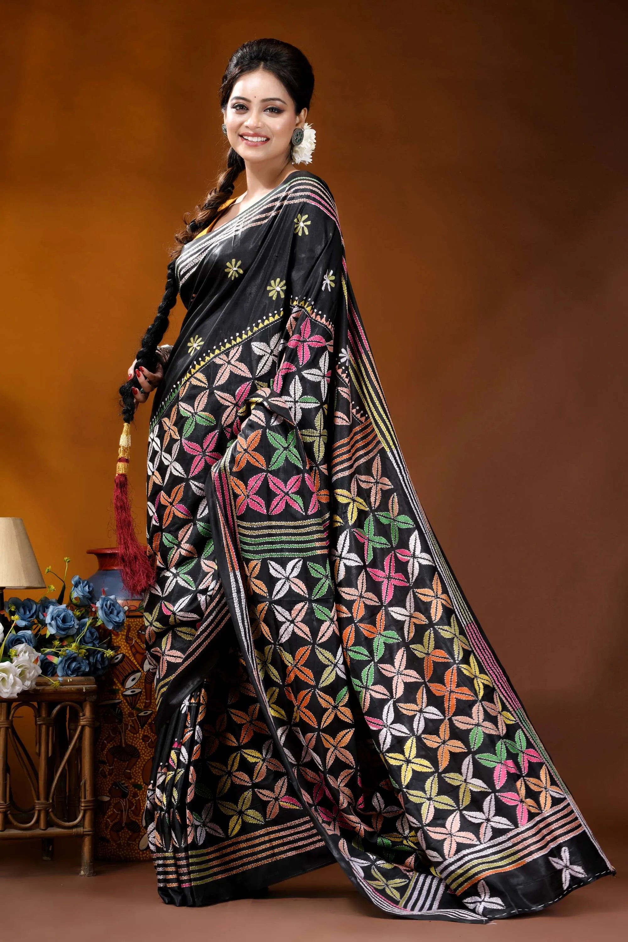 Multicolor ethnic design silk kantha stitch saree in black black silk saree vibrant multicolored 7