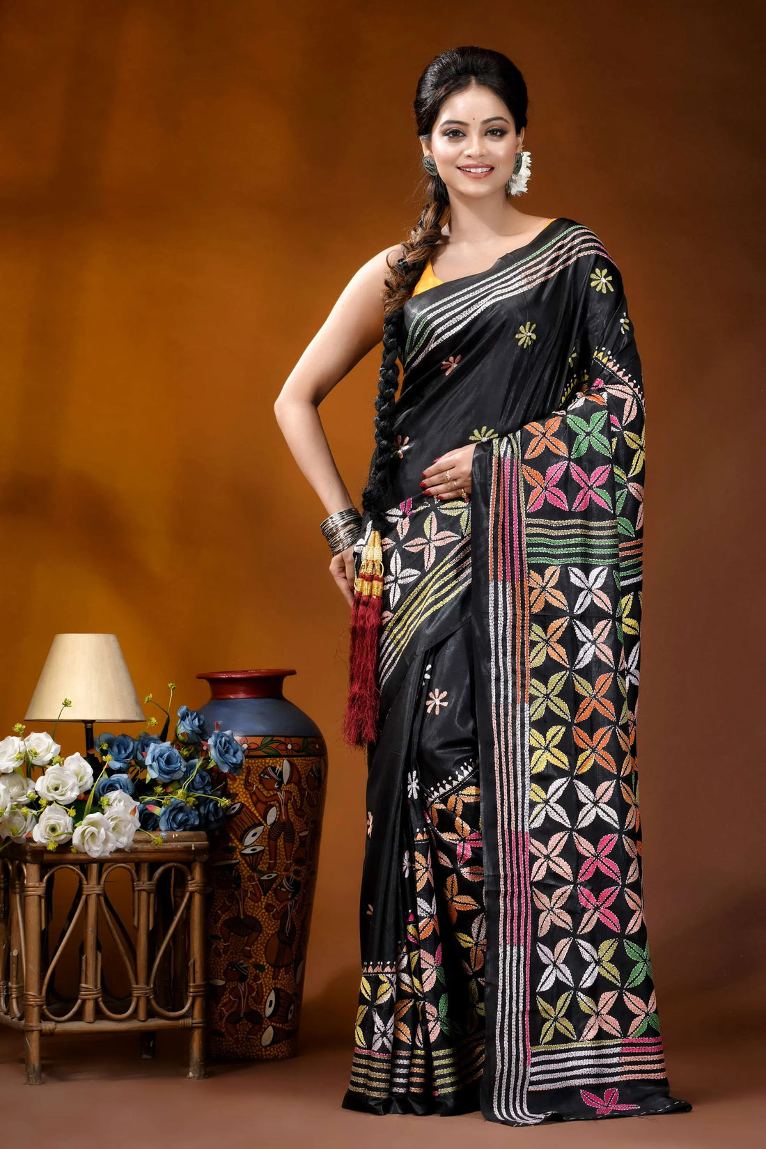 Multicolor ethnic design silk kantha stitch saree in black black silk saree intricate multicolored 1