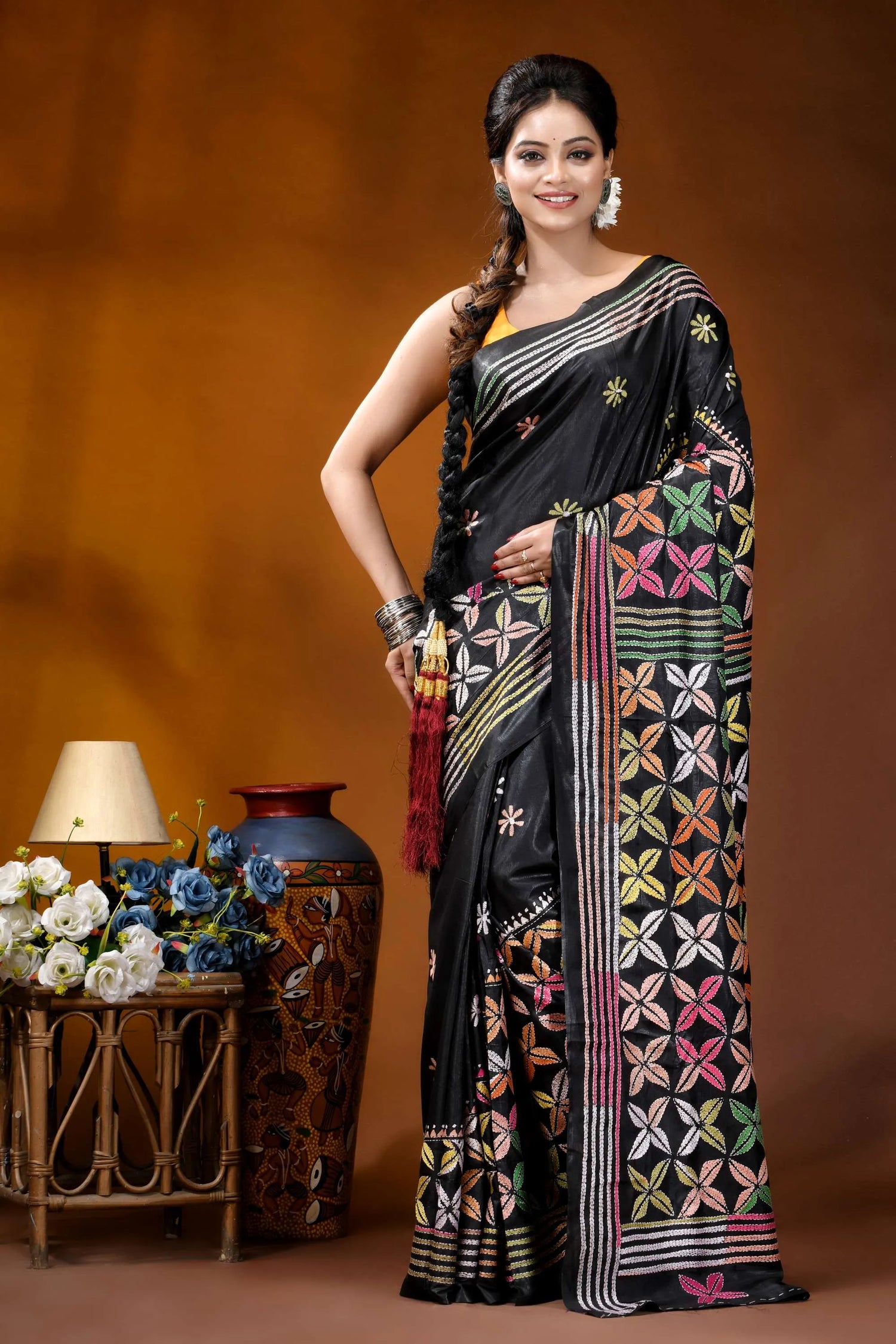 Multicolor ethnic design silk kantha stitch saree in black black silk saree intricate multicolored 1