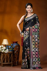 Multicolor ethnic design silk kantha stitch saree in black black silk saree intricate multicolored 1