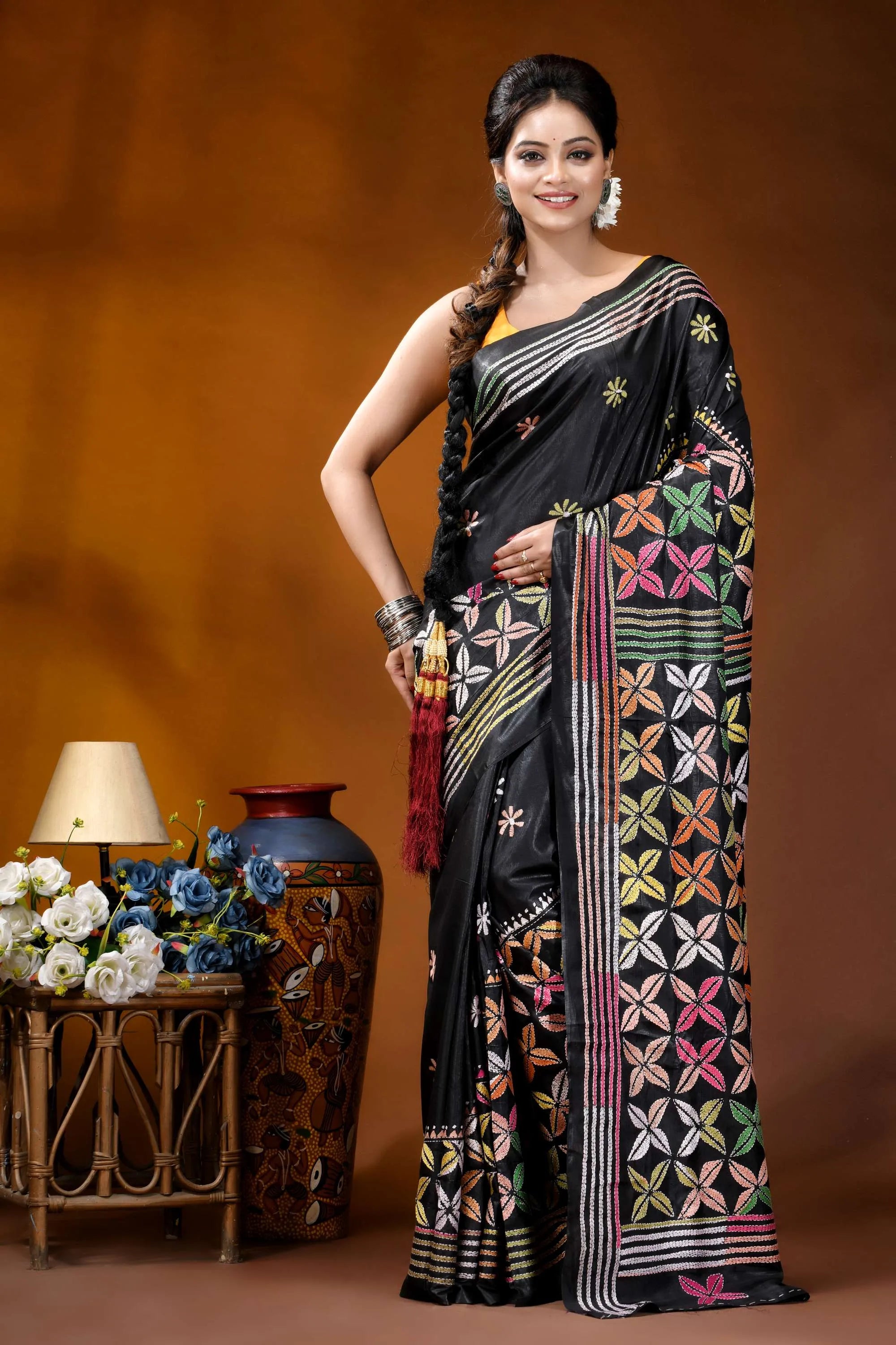 Multicolor ethnic design silk kantha stitch saree in black black silk saree intricate multicolored 1