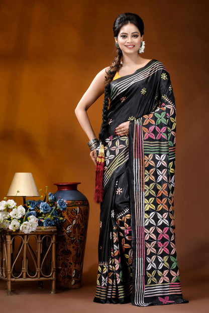 Multicolor ethnic design silk kantha stitch saree in black black silk saree intricate multicolored 1