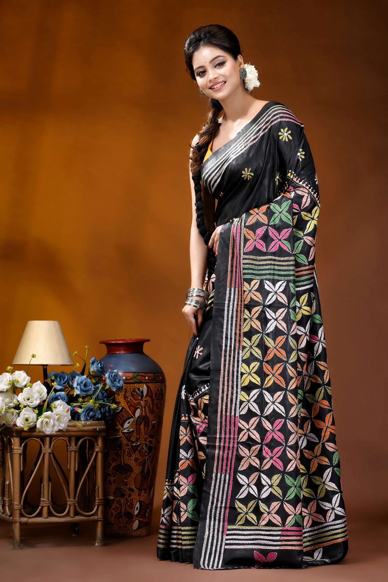 Multicolor ethnic design silk kantha stitch saree in black black silk saree intricate multicolored 3