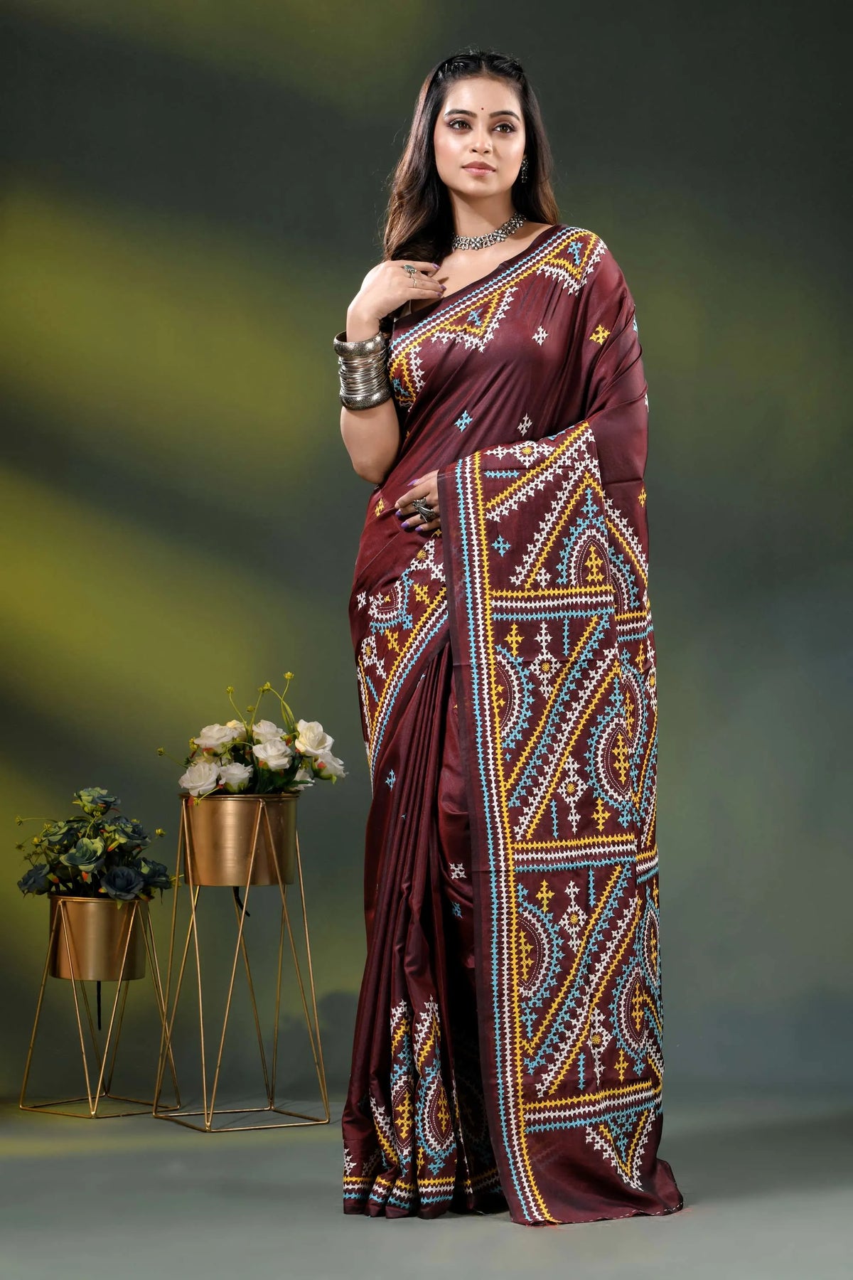 Multicolor ethnic design wine silk kutch work saree - handcrafted 6