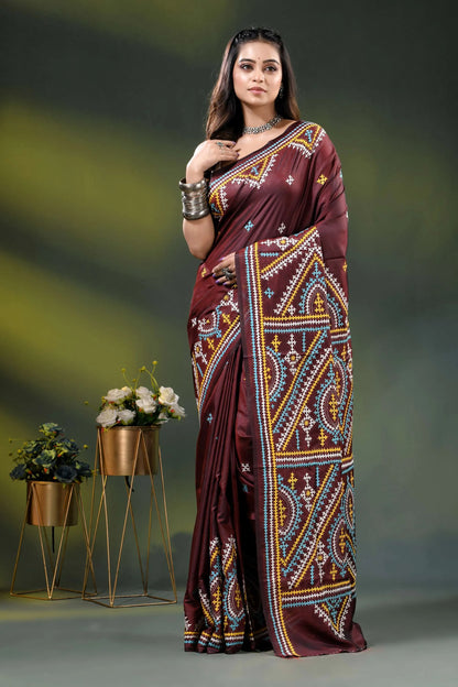 Multicolor ethnic design wine silk kutch work saree - handcrafted 6