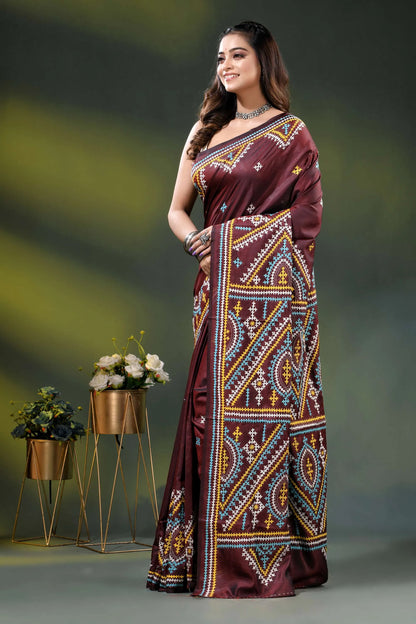 Multicolor ethnic design wine silk kutch work saree - handcrafted 3