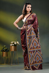 Multicolor ethnic design wine silk kutch work saree - handcrafted 4