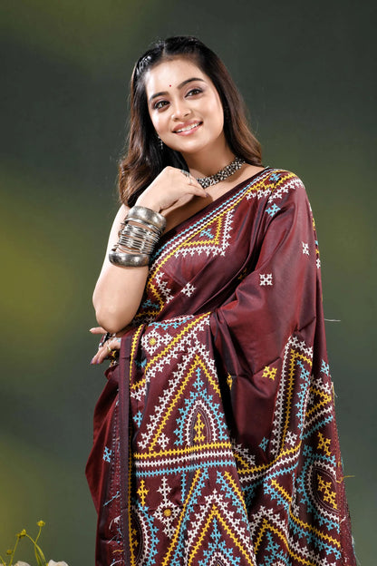 Multicolor ethnic design wine silk kutch work saree - handcrafted 2