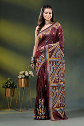 Multicolor ethnic design wine silk kutch work saree - handcrafted 1