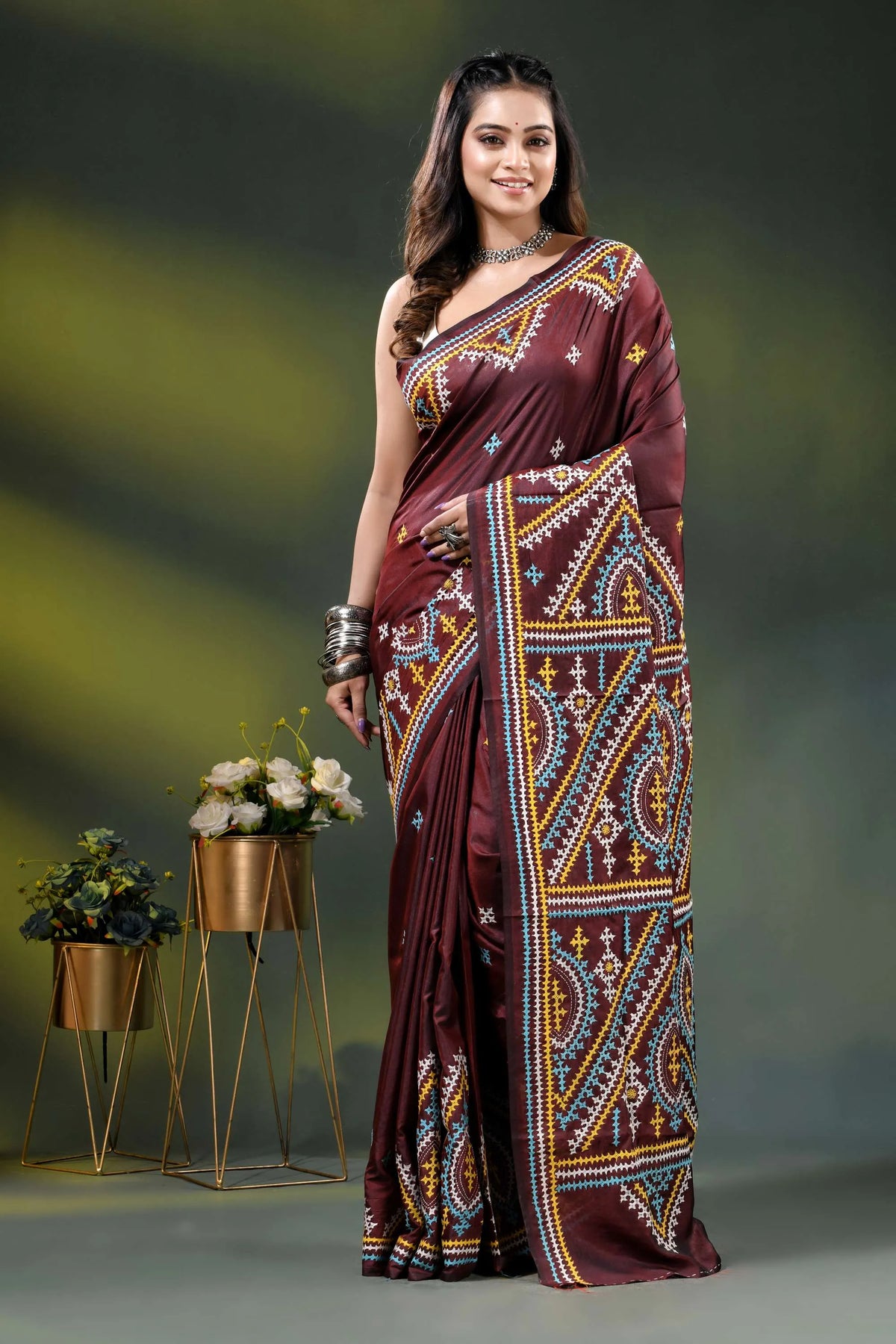 Multicolor ethnic design wine silk kutch work saree - handcrafted 1