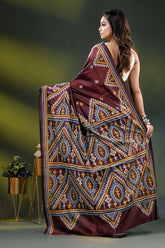 Multicolor ethnic design wine silk kutch work saree - handcrafted 5