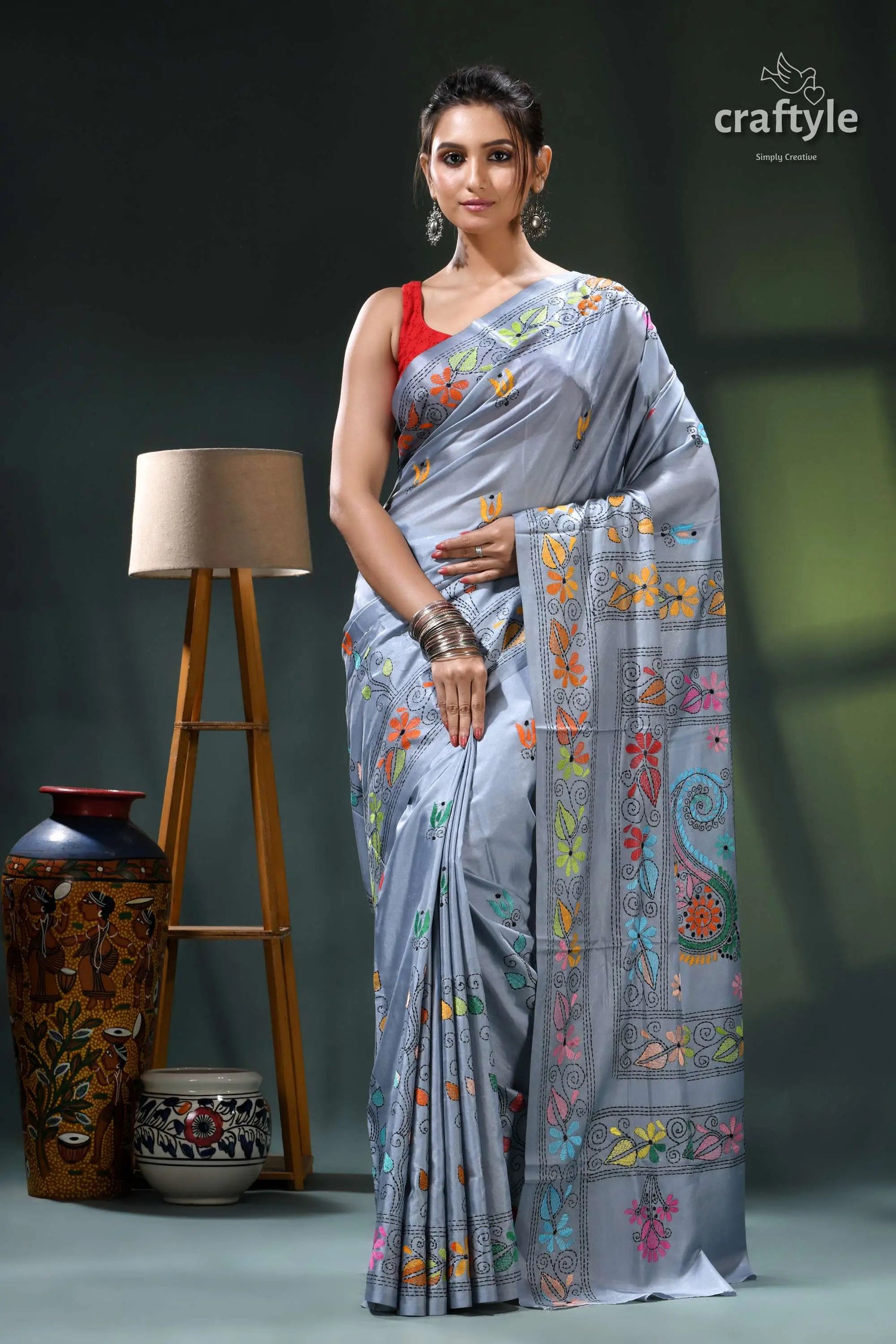 Multicolor exquisite silk kantha stitch saree in hit gray grey batik saree floral patterns 1