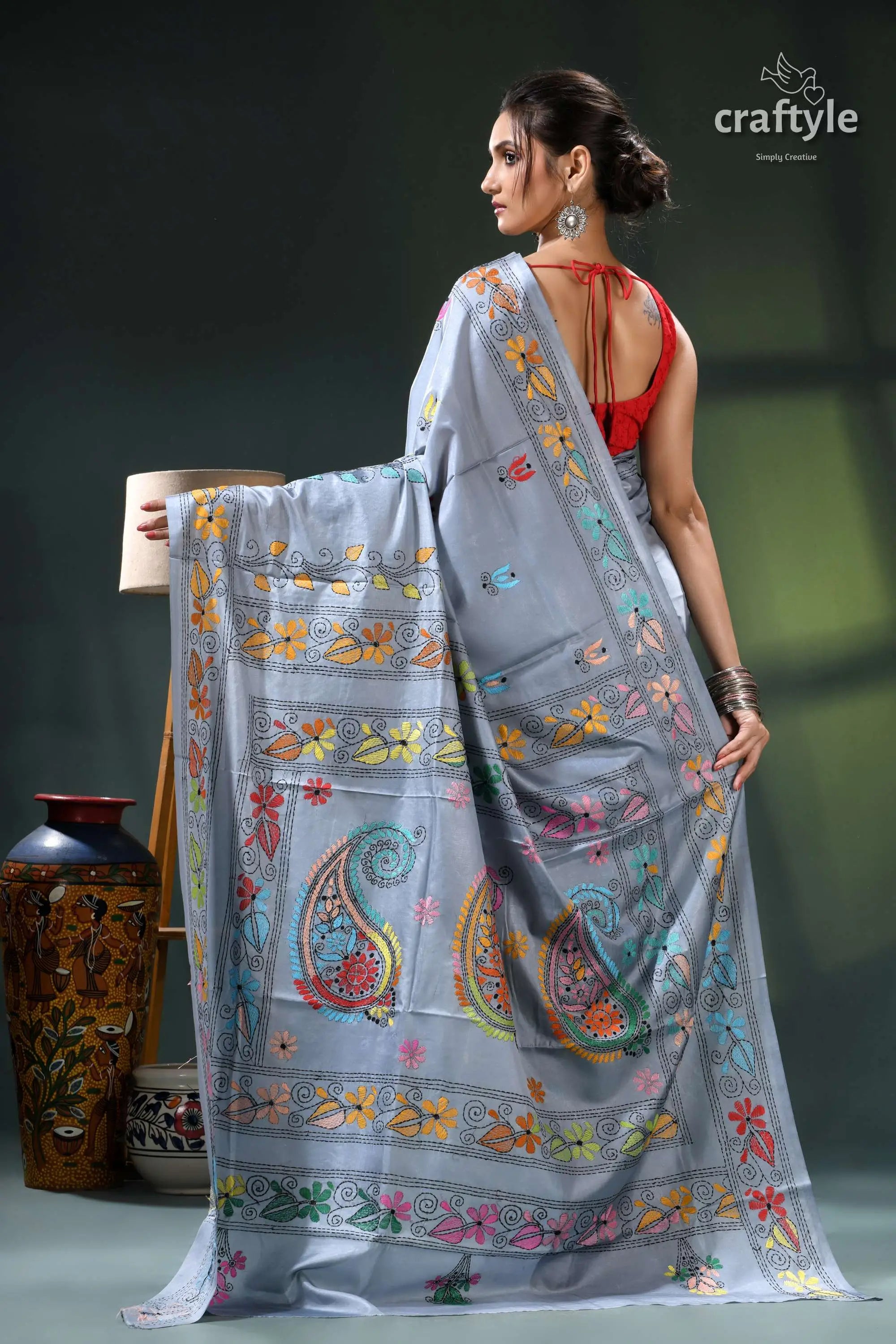 Multicolor exquisite silk kantha stitch saree in hit gray light blue floral embroidered saree 6