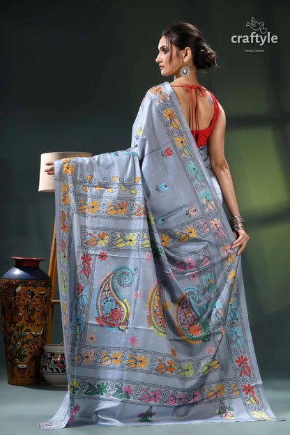 Multicolor exquisite silk kantha stitch saree in hit gray light blue floral embroidered saree 6
