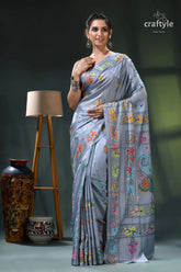 Multicolor exquisite silk kantha stitch saree in hit gray light blue saree intricate floral 5