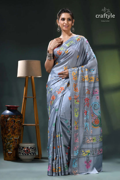 Multicolor exquisite silk kantha stitch saree in hit gray light blue saree intricate floral 5
