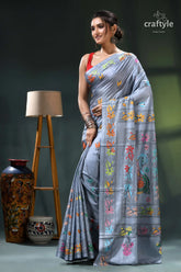 Multicolor exquisite silk kantha stitch saree in hit gray light blue saree floral embroidery 3