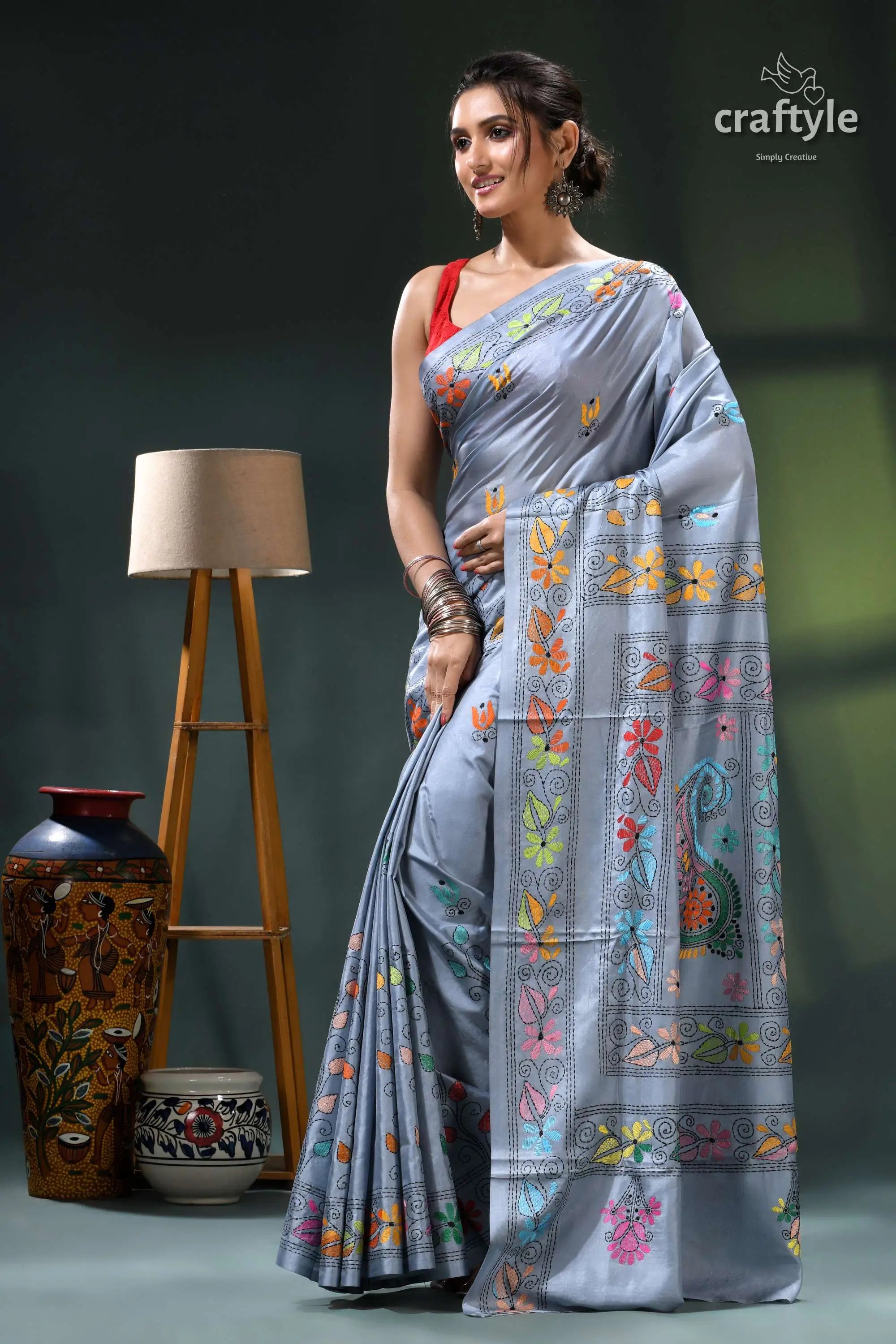 Multicolor exquisite silk kantha stitch saree in hit gray light blue saree floral embroidery 3