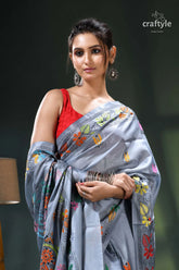Multicolor exquisite silk kantha stitch saree in hit gray silver saree floral design red 2