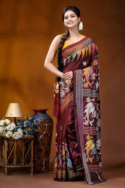 Multicolor fish design handcrafted wine silk kantha stitch saree maroon silk saree intricate multicolored 6