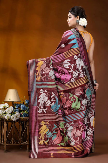 Multicolor fish design handcrafted wine silk kantha stitch saree maroon silk saree vibrant multicolored 4